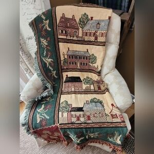 BOB TIMBERLAKE WOVEN THROW BLANKET COTTAGES HOUSES FRINGE COTTON TAPESTRY  50X67